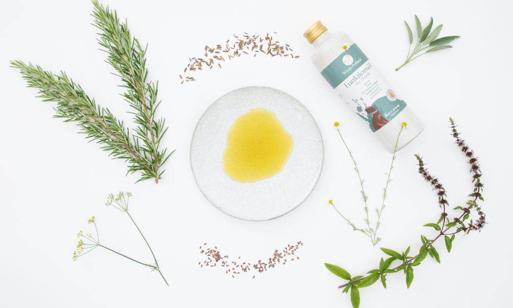 3-teiliges Foto, bei dem Hundefutter zubereitet wird. Im ersten Bild wird Futter in den Napf gegeben. Beim zweiten wird Wasser hinzugefügt und im dritten Bild vermengt.