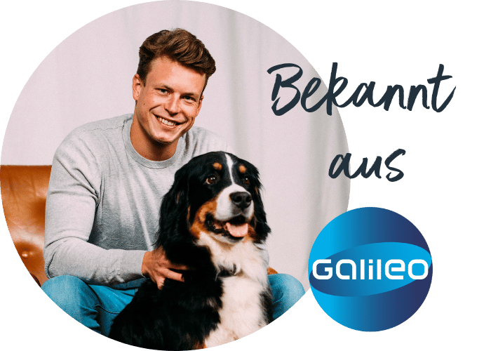 Lächelnder Tierarzt, davor ein schwarz-brauner Hund, daneben Schrift: bekannt aus Galileo