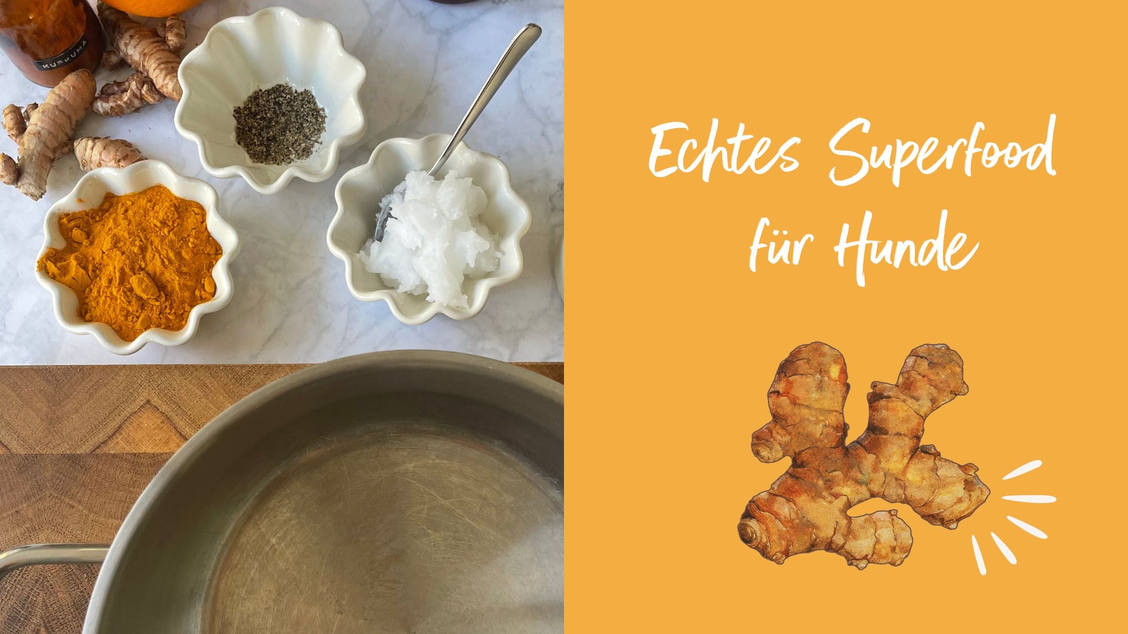 Neben einem Topf stehen die Zutaten Kokosoel und Pfeffer, die wichtig für die Wirksamkeit von Kurkuma sind