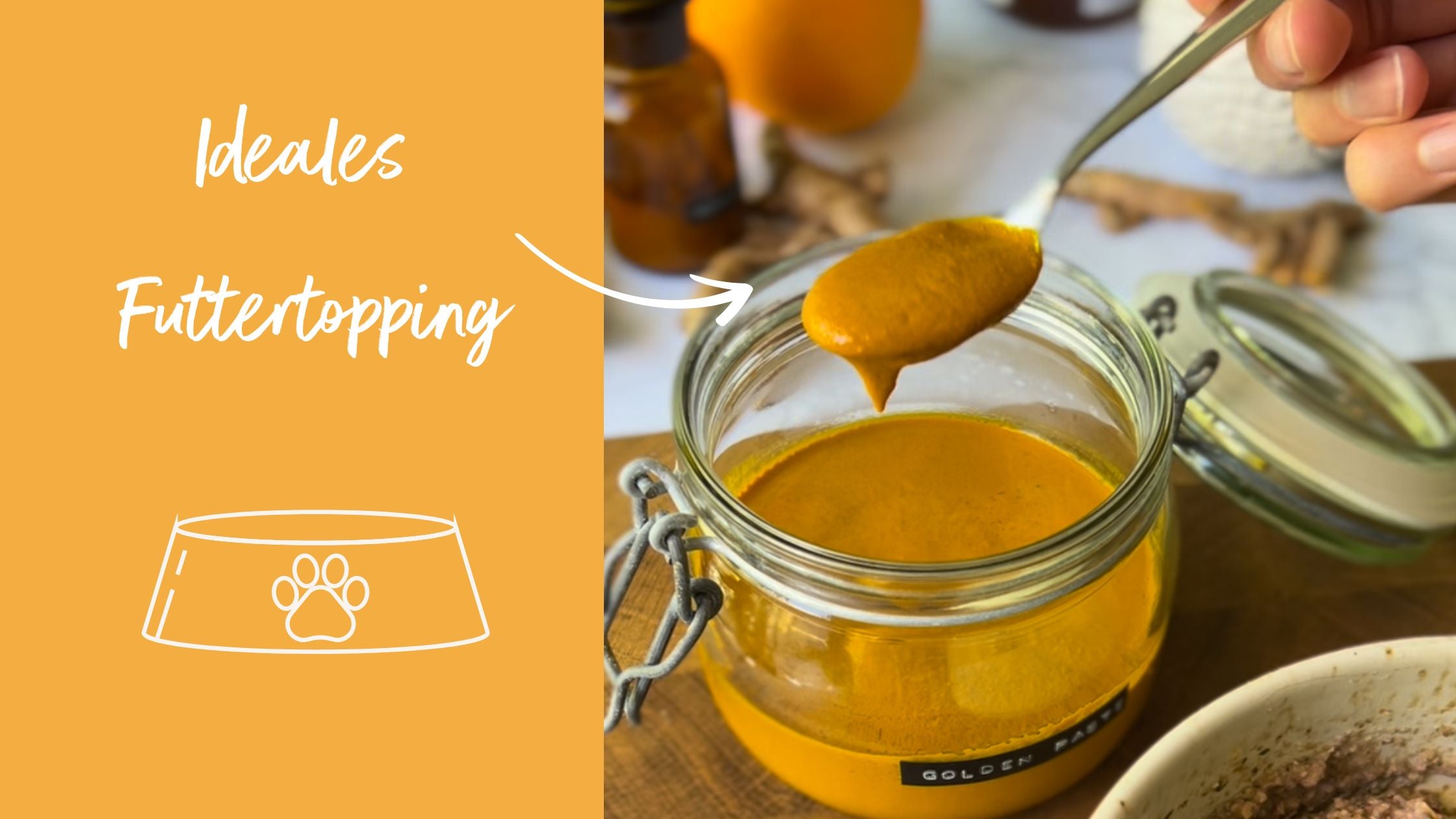 Selbstgemachte Kurkumapaste die als Topping auf Hundefutter gegeben wird